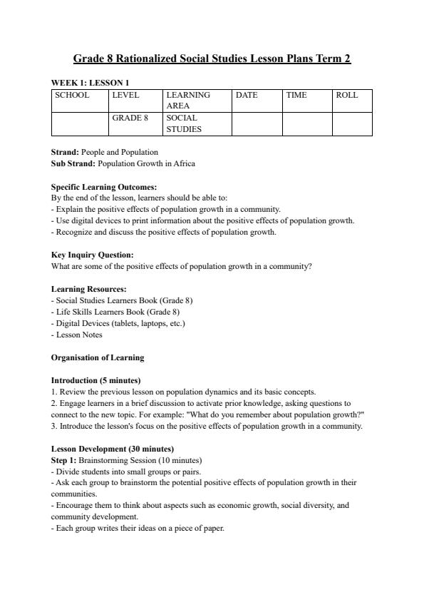 Page 1 – Grade 8 Rationalized Social Studies Lesson Plans Term 2 – Kenyaplex