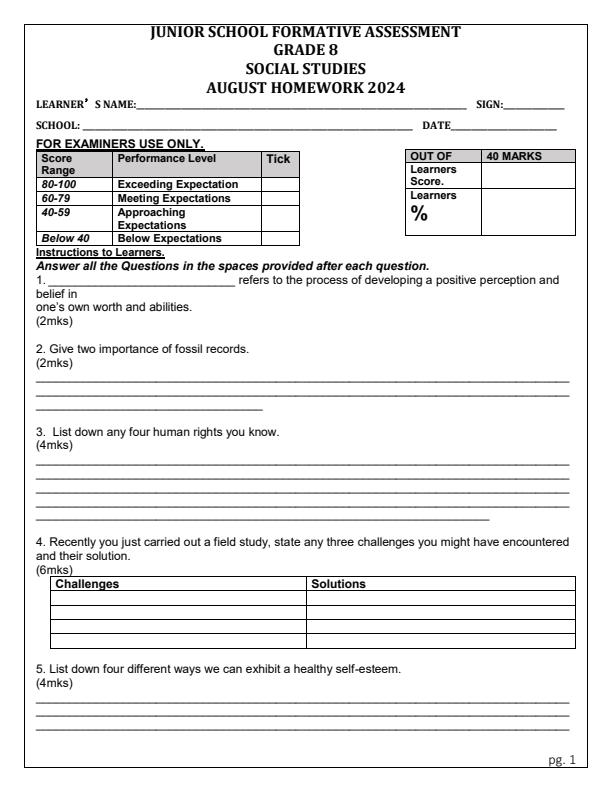 Page 1 – Grade 8 Social Studies August 2024 Holiday Assignment – Kenyaplex