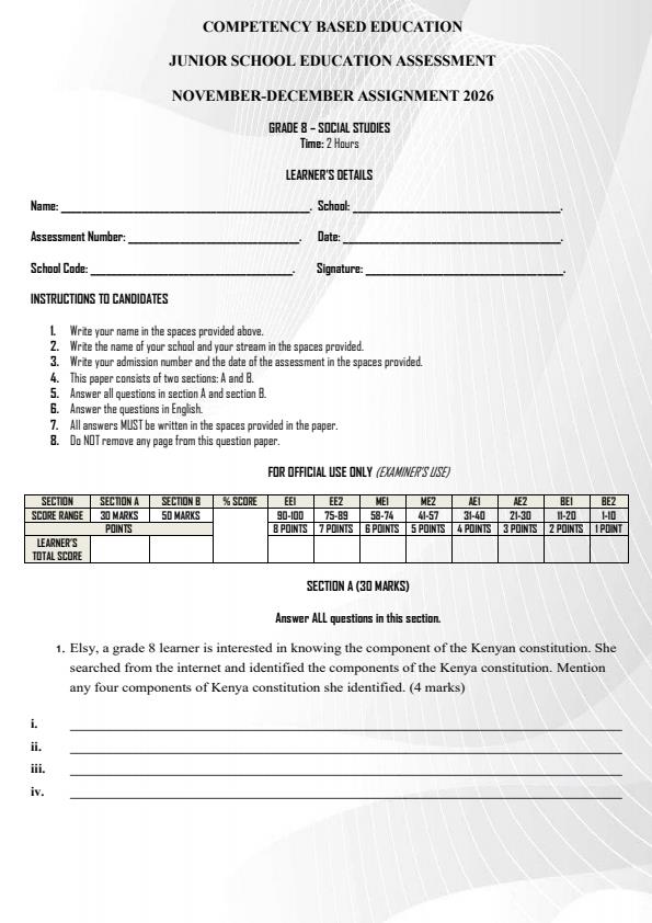 Page 1 – Grade 8 Social Studies December 2026 Holiday Assignment – Kenyaplex