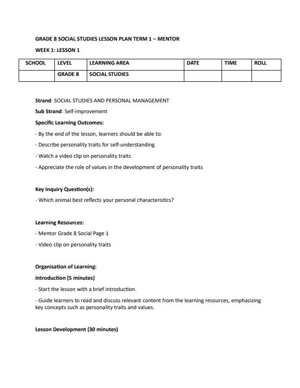 Page 1 – Grade 8 Social Studies Lesson Plans Term 1 - Mentor – Kenyaplex