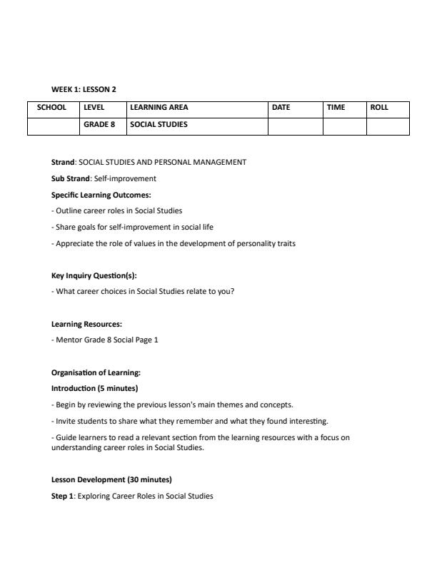Page 3 – Grade 8 Social Studies Lesson Plans Term 1 - Mentor – Kenyaplex