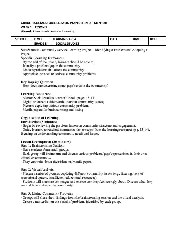 Page 1 – Grade 8 Social Studies Lesson Plans Term 2 - Mentor – Kenyaplex