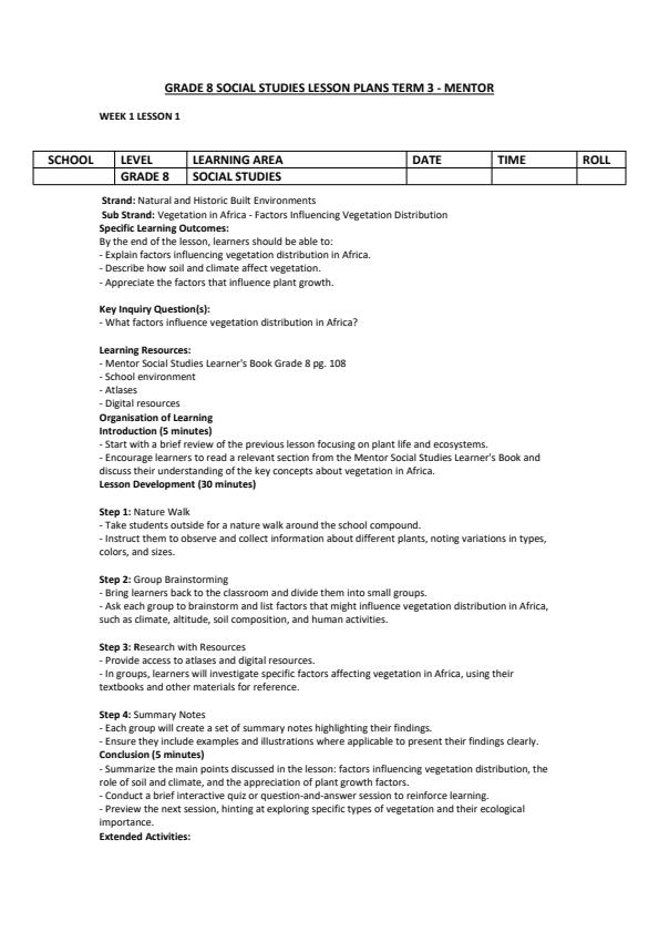 Page 1 – Grade 8 Social Studies Lesson Plans Term 3 - Mentor – Kenyaplex