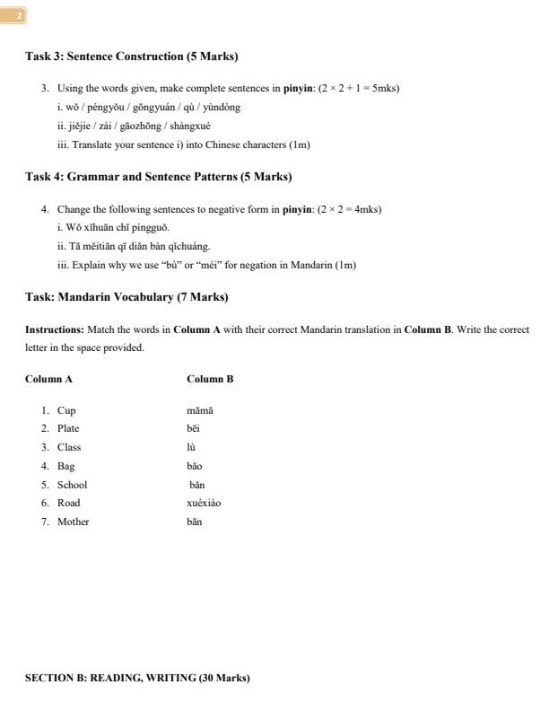 Page 2 – Grade 8 mandarin April 2026 Holiday Assignment – Kenyaplex