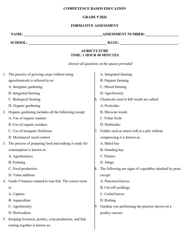Page 1 – Grade 9 Agriculture April 2026 Holiday Assignment – Kenyaplex