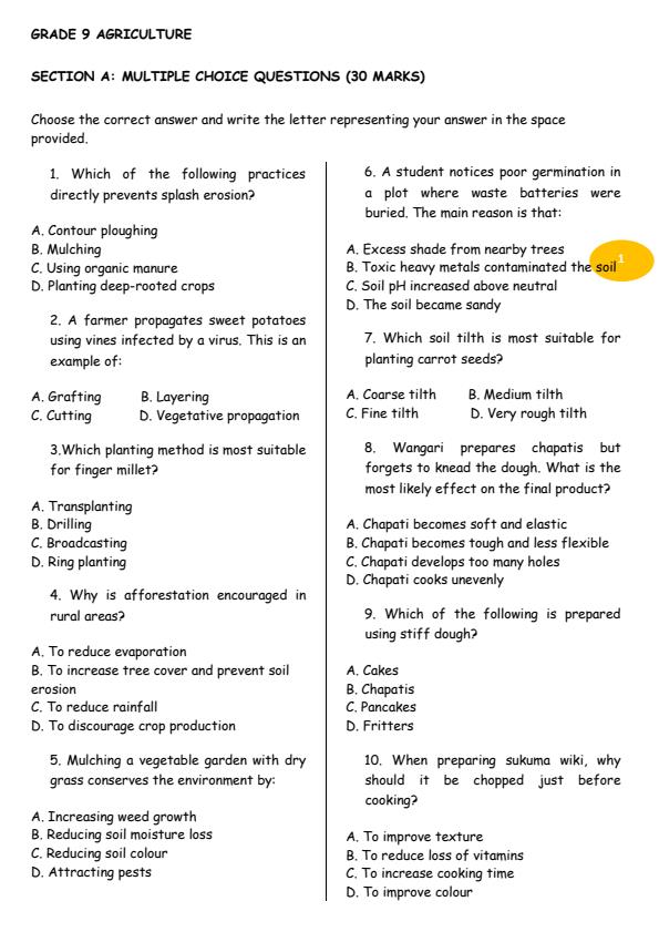 Page 1 – Grade 9 Agriculture August 2026 Holiday Assignment – Kenyaplex