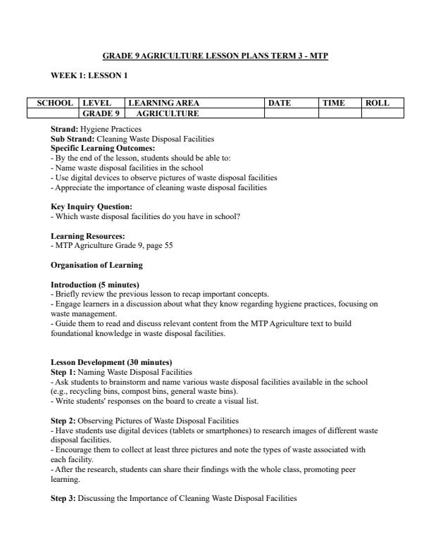 Page 1 – Grade 9 Agriculture Lesson Plans Term 3 - MTP – Kenyaplex