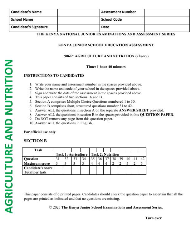 Page 1 – Grade 9 Agriculture and Nutrition August 2025 Holiday Assignment – Kenyaplex