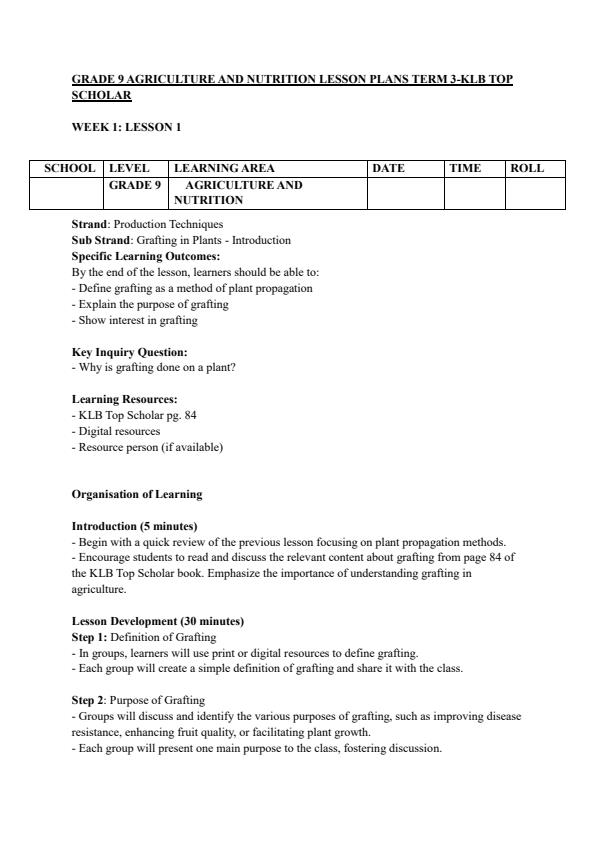 Page 1 – Grade 9 Agriculture and Nutrition Lesson Plans Term 3 - KLB Top Scholar – Kenyaplex