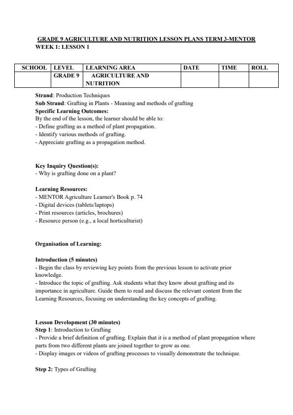 Page 1 – Grade 9 Agriculture and Nutrition Lesson Plans Term 3 - Mentor – Kenyaplex