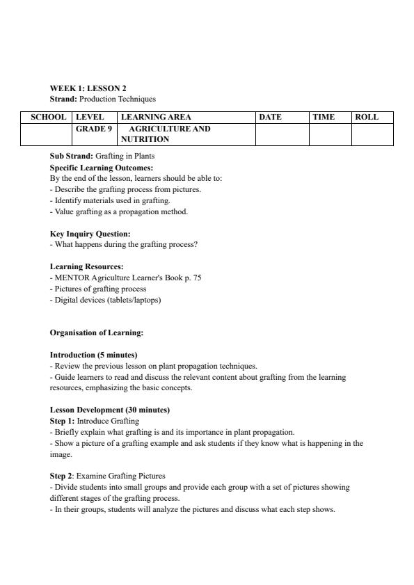 Page 3 – Grade 9 Agriculture and Nutrition Lesson Plans Term 3 - Mentor – Kenyaplex