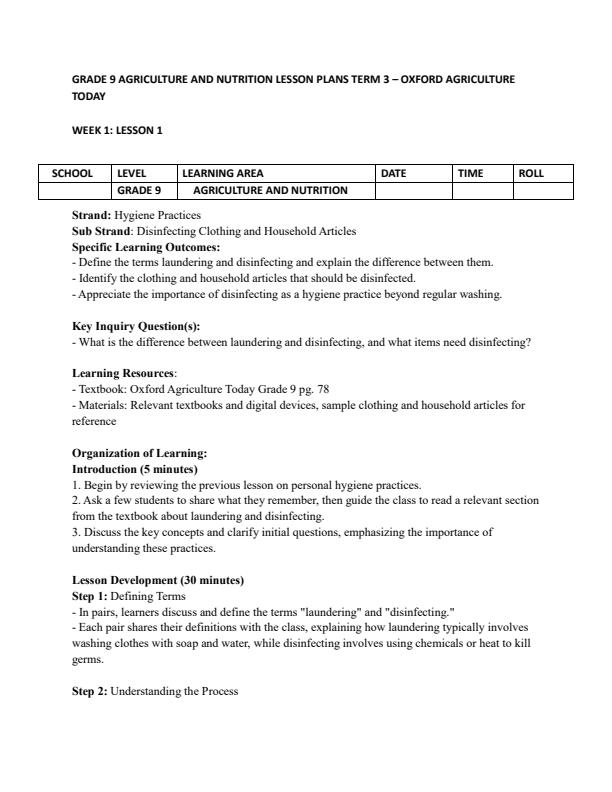Page 1 – Grade 9 Agriculture and Nutrition Lesson Plans Term 3 - Oxford Agriculture Today – Kenyaplex