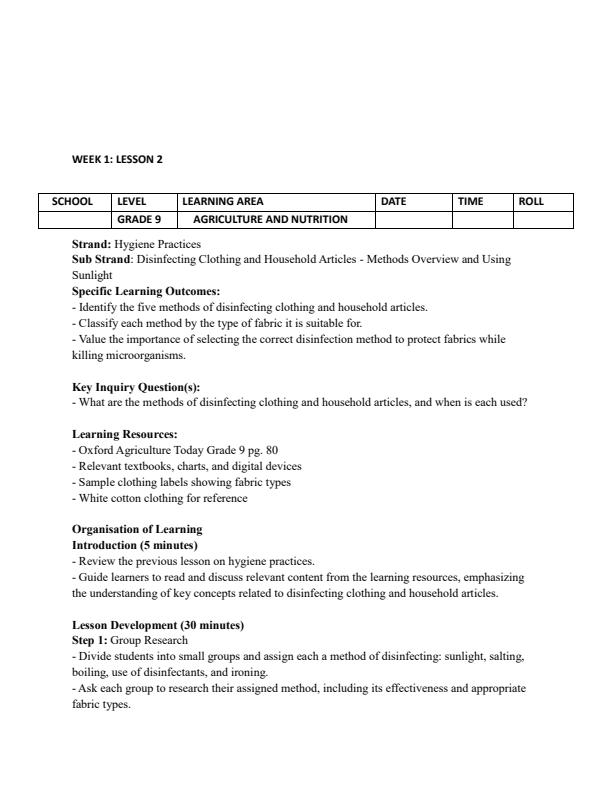 Page 3 – Grade 9 Agriculture and Nutrition Lesson Plans Term 3 - Oxford Agriculture Today – Kenyaplex