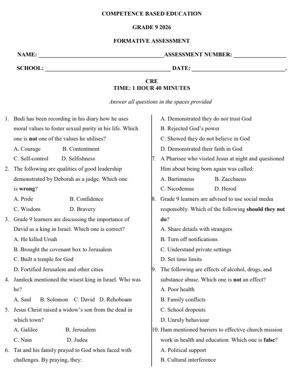 Page 1 – Grade 9 CRE April 2026 Holiday Assignment – Kenyaplex