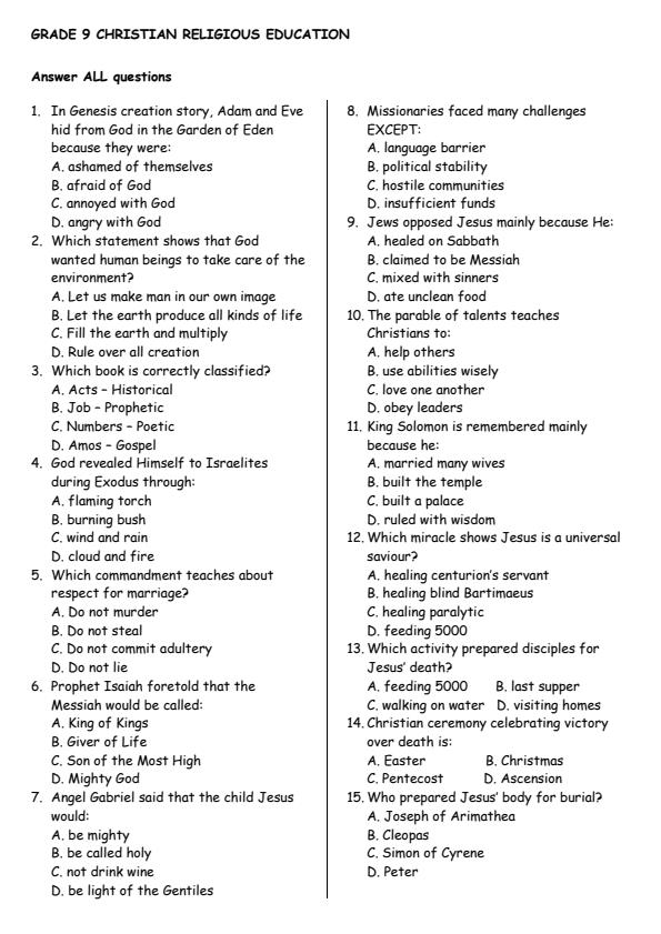 Page 1 – Grade 9 CRE August 2026 Holiday Assignment – Kenyaplex