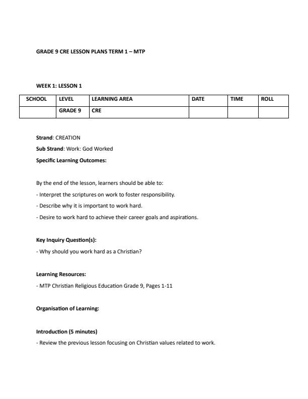 Page 1 – Grade 9 CRE Lesson Plans Term 1 - MTP – Kenyaplex