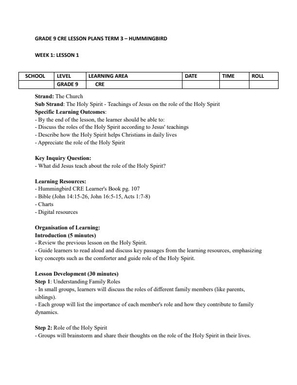Page 1 – Grade 9 CRE Lesson Plans Term 3 - Hummingbird – Kenyaplex