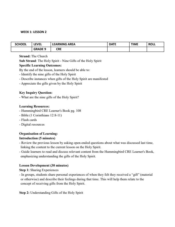 Page 3 – Grade 9 CRE Lesson Plans Term 3 - Hummingbird – Kenyaplex