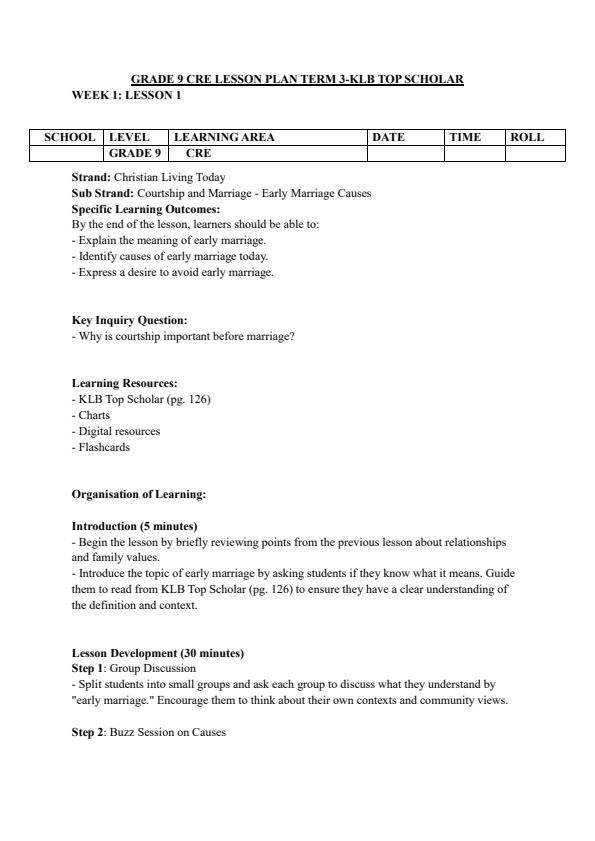 Page 1 – Grade 9 CRE Lesson Plans Term 3 - KLB Top Scholar – Kenyaplex