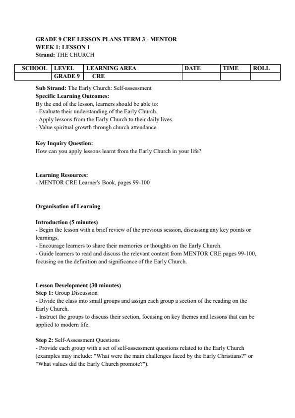 Page 1 – Grade 9 CRE Lesson Plans Term 3 - Mentor – Kenyaplex