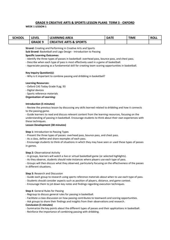 Page 1 – Grade 9 Creative Arts & Sports Lesson Plans Term 3 - Oxford – Kenyaplex