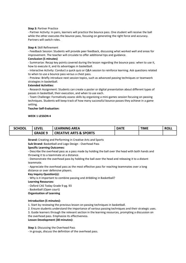 Page 4 – Grade 9 Creative Arts & Sports Lesson Plans Term 3 - Oxford – Kenyaplex
