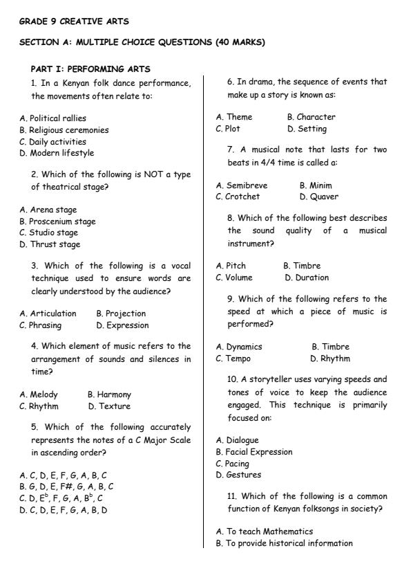 Page 1 – Grade 9 Creative Arts August 2026 Holiday Assignment  – Kenyaplex