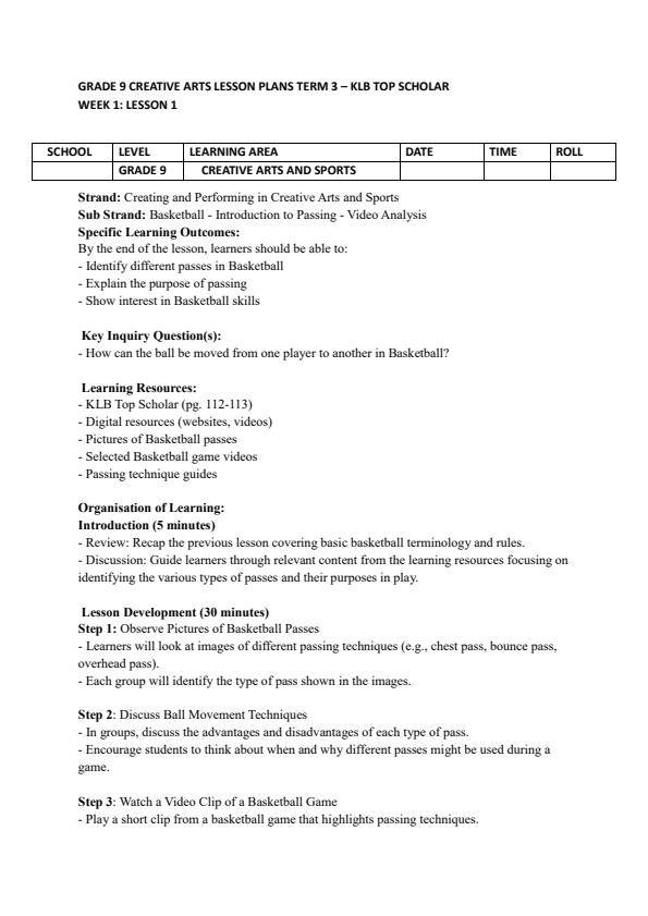 Page 1 – Grade 9 Creative Arts Lesson Plans Term 3 - KLB Top Scholar – Kenyaplex