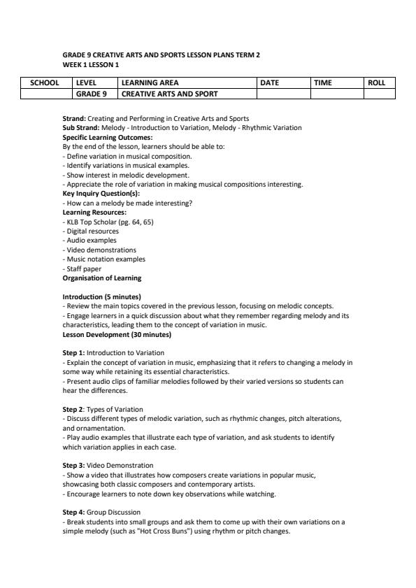 Page 1 – Grade 9 Creative Arts and Sports Lesson Plans Term 2 - KLB Top Scholar – Kenyaplex