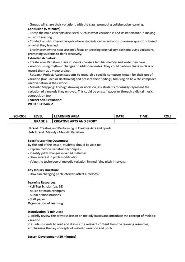 Page 2 – Grade 9 Creative Arts and Sports Lesson Plans Term 2 - KLB Top Scholar – Kenyaplex