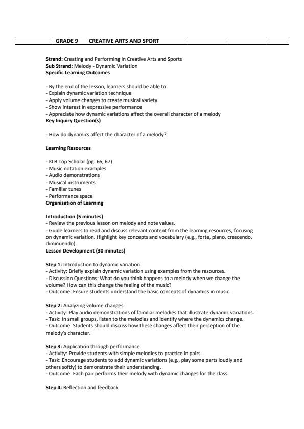 Page 4 – Grade 9 Creative Arts and Sports Lesson Plans Term 2 - KLB Top Scholar – Kenyaplex