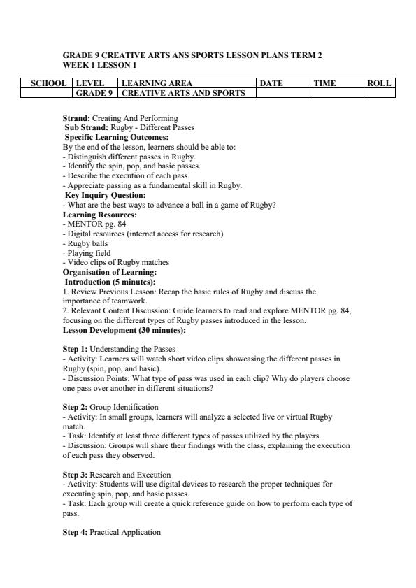 Page 1 – Grade 9 Creative Arts and Sports Lesson Plans Term 2 - Mentor – Kenyaplex