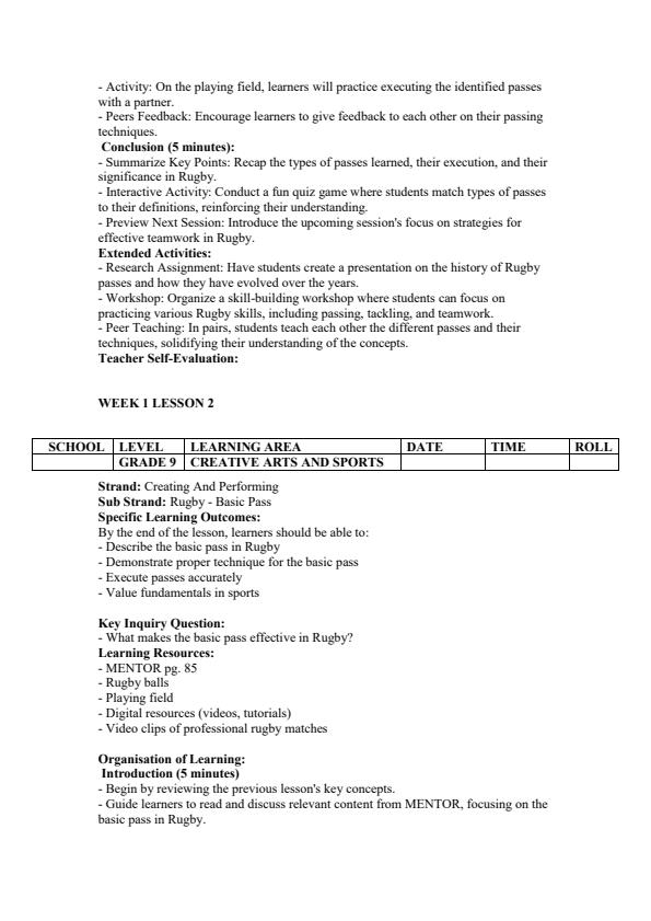 Page 2 – Grade 9 Creative Arts and Sports Lesson Plans Term 2 - Mentor – Kenyaplex