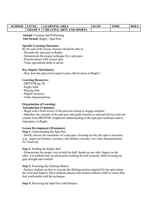 Page 4 – Grade 9 Creative Arts and Sports Lesson Plans Term 2 - Mentor – Kenyaplex
