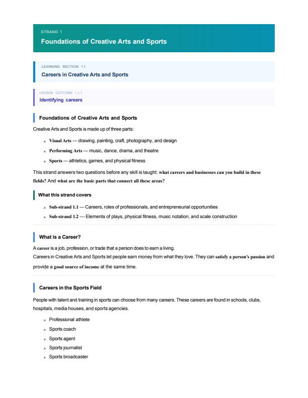 Page 1 – Grade 9 Creative Arts and Sports Notes Term 1, Term 2, Term 3 (Updated) – Kenyaplex