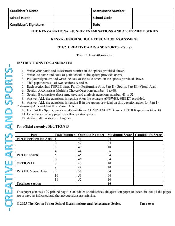 Page 1 – Grade 9 Creative Arts and Sports Paper 2 August 2025 Holiday Assignment – Kenyaplex
