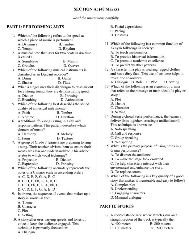 Page 2 – Grade 9 Creative Arts and Sports Paper 2 August 2025 Holiday Assignment – Kenyaplex