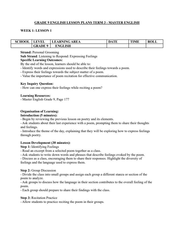 Page 1 – Grade 9 English Lesson Plans Term 3 - Master English – Kenyaplex