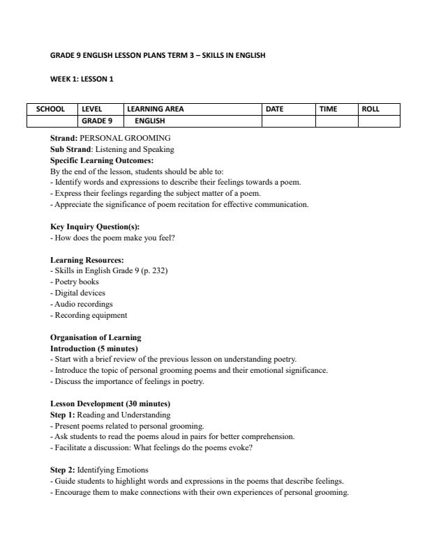 Page 1 – Grade 9 English Lesson Plans Term 3 - Skills in English – Kenyaplex