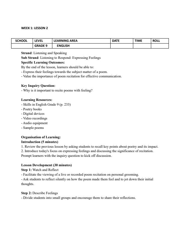 Page 3 – Grade 9 English Lesson Plans Term 3 - Skills in English – Kenyaplex
