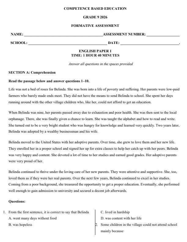 Page 1 – Grade 9 English Paper 1 April 2026 Holiday Assignment – Kenyaplex