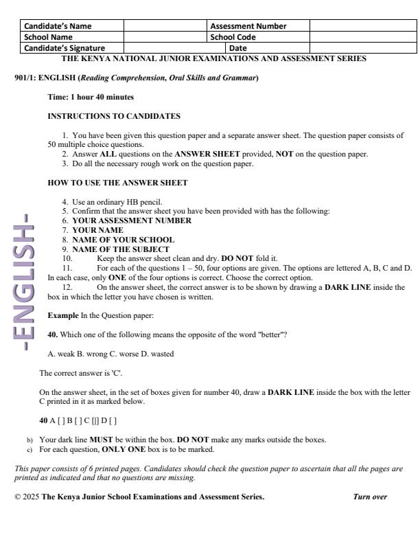 Page 1 – Grade 9 English Paper 1 August 2025 Holiday Assignment – Kenyaplex