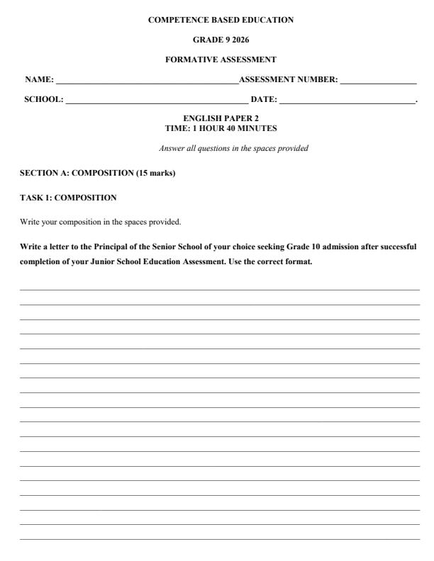 Page 1 – Grade 9 English Paper 2 April 2026 Holiday Assignment – Kenyaplex