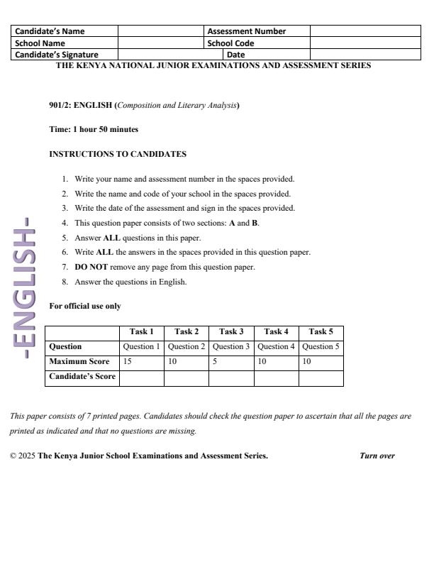 Page 1 – Grade 9 English Paper 2 August 2025 Holiday Assignment – Kenyaplex