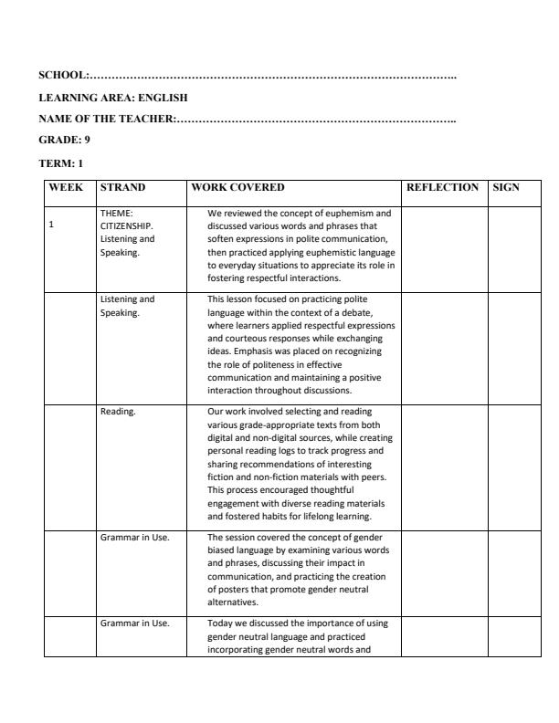 Page 1 – Grade 9 English Records of Work Term 1 – Kenyaplex