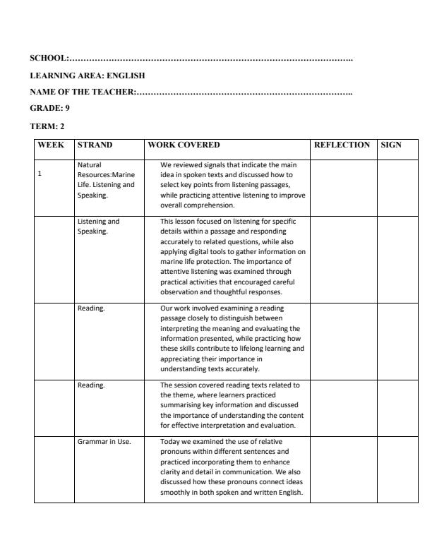Page 1 – Grade 9 English Records of Work Term 2 - Skills in English – Kenyaplex