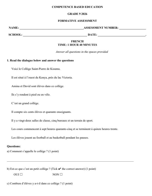Page 1 – Grade 9 French April 2026 Holiday Assignment – Kenyaplex