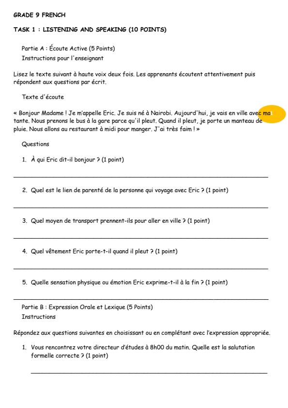 Page 1 – Grade 9 French August 2026 Holiday Assignment – Kenyaplex