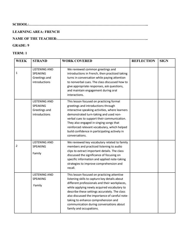 Page 1 – Grade 9 French Records of Work Term 1 – Kenyaplex