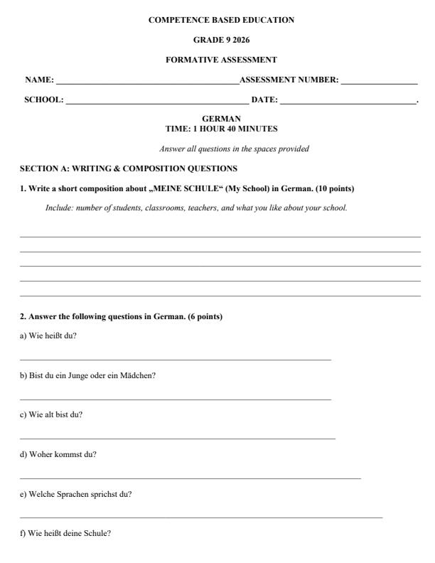 Page 1 – Grade 9 German 2026 Holiday Assignment – Kenyaplex